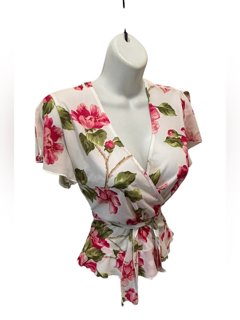 Vintage Y2K Flirty Floral Wrap Blouse Sz L Split Petal Sleeves Tied Waist Pink